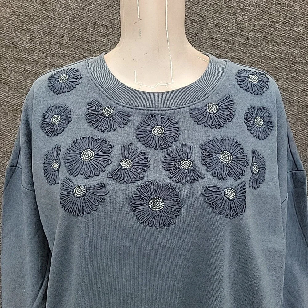 Indigo Thread Co Womens Sweatshirt Floral Appliques Large Size Blue Pullover Top